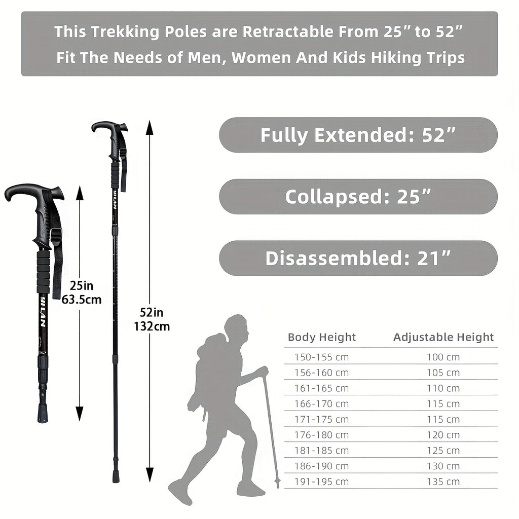 Ultra-Light Aluminum Trekking Pole - 3-Section Telescopic Hiking Stick